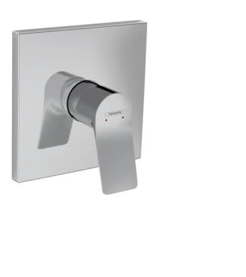 Unterputz-Brausemischer in Chromoptik von Hansgrohe mit einem Hebel zur Temperatur- und Durchflussregulierung. Farbmarkierungen für warmes und kaltes Wasser.